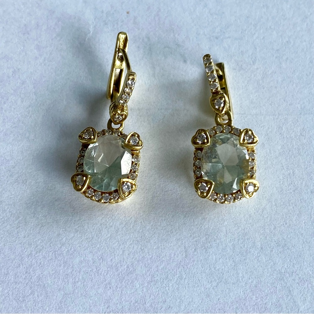 Judith Ripka 18K Gold, Diamond & Prasiolite Drop dangle Earrings. Signed